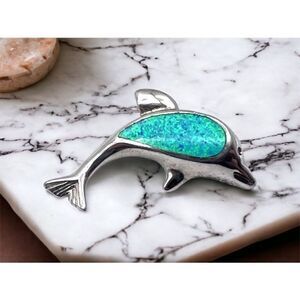 Women's Dolphin 3D Blue‎ Opal Sterling Silver Bracelet Charm Necklace Pendant